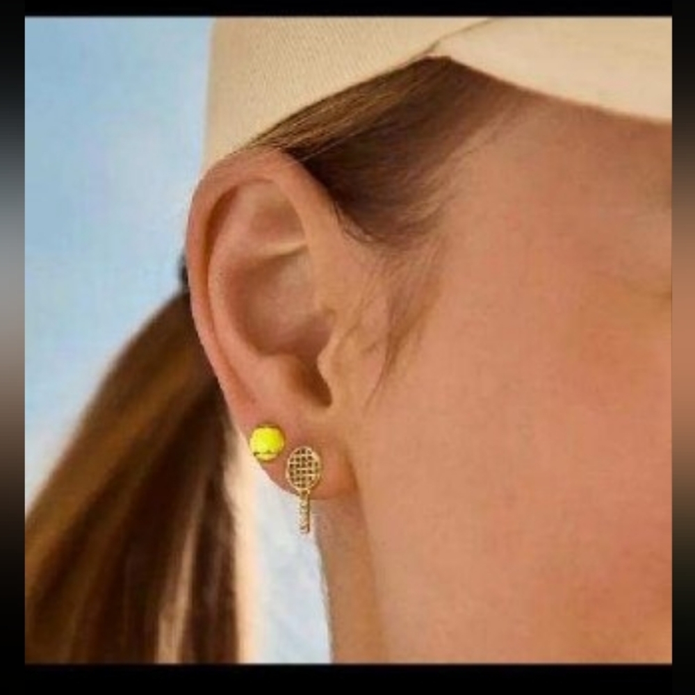 Tennis Racket and Ball Stud Earrings - Gold and Yellow
